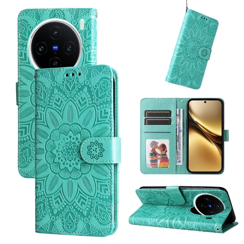 

For vivo X200 Embossed Sunflower Leather Phone Case(Green)