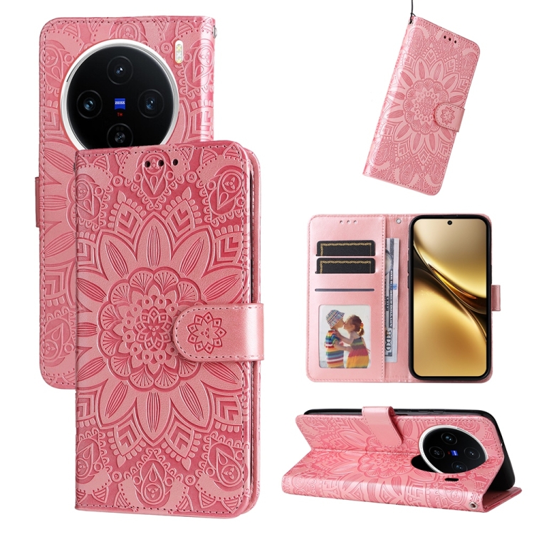 

For vivo X200 Embossed Sunflower Leather Phone Case(Rose Gold)