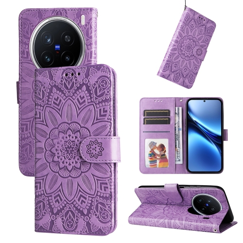 

For vivo X200 Pro Embossed Sunflower Leather Phone Case(Purple)