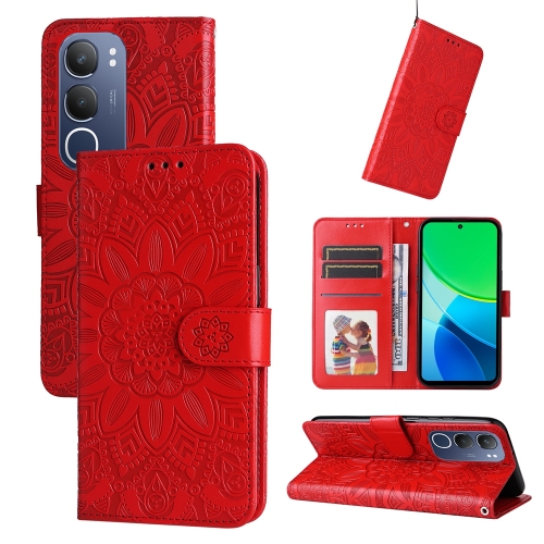 

For vivo Y19s Embossed Sunflower Leather Phone Case(Red)