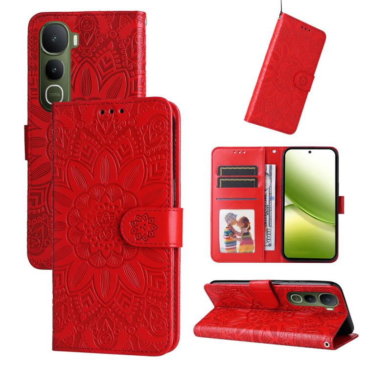 

For vivo Y400 5G Embossed Sunflower Leather Phone Case(Red)