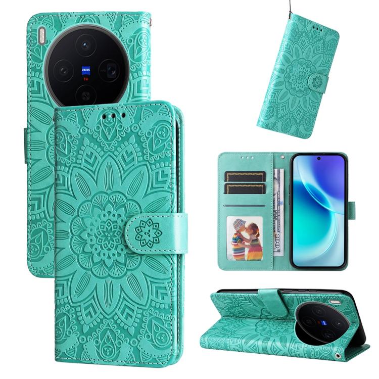 

For vivo X300 Embossed Sunflower Leather Phone Case(Green)