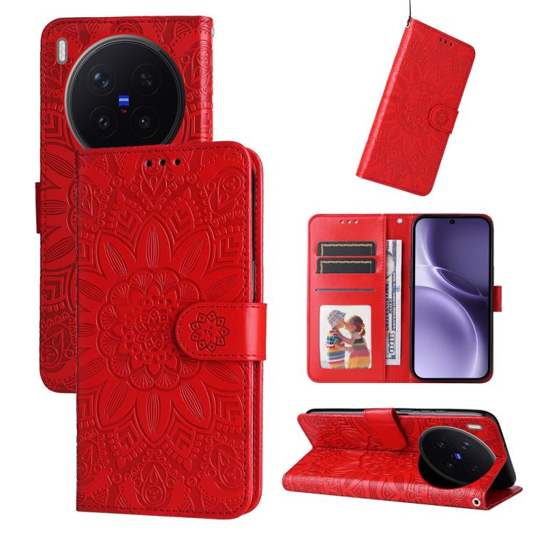 

For vivo X300 Pro Embossed Sunflower Leather Phone Case(Red)