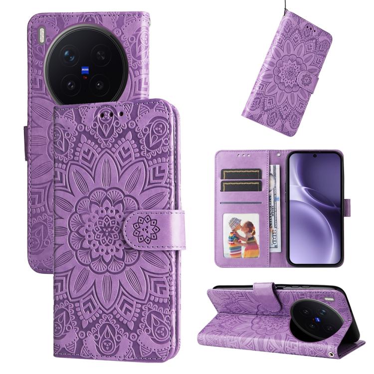 

For vivo X300 Pro Embossed Sunflower Leather Phone Case(Purple)