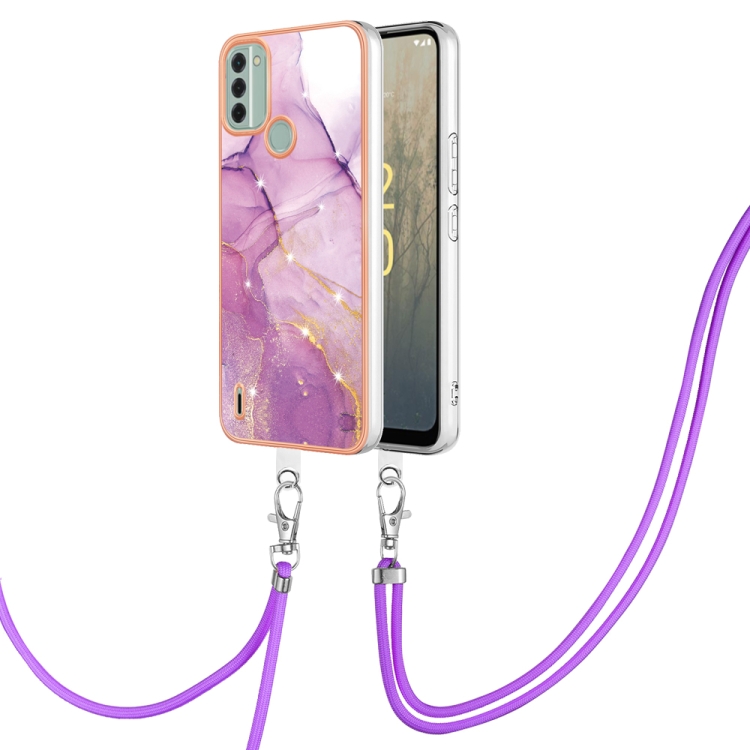 

For Nokia C31 Electroplating Marble Dual-side IMD Phone Case with Lanyard(Purple 001)