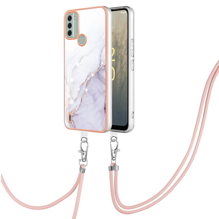 

For Nokia C31 Electroplating Marble Dual-side IMD Phone Case with Lanyard(White 006)