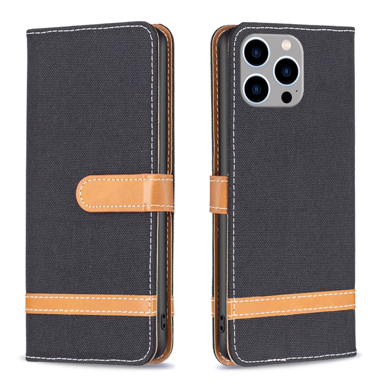 

For iPhone 15 Pro Max Color Block Denim Texture Leather Phone Case(Black)
