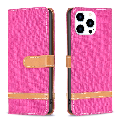 

For iPhone 15 Pro Color Block Denim Texture Leather Phone Case(Rose Red)