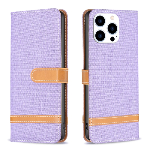 

For iPhone 15 Pro Color Block Denim Texture Leather Phone Case(Purple)