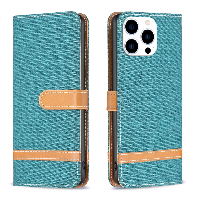 

For iPhone 15 Pro Color Block Denim Texture Leather Phone Case(Green)
