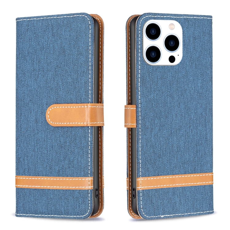 

For iPhone 15 Pro Color Block Denim Texture Leather Phone Case(Dark Blue)
