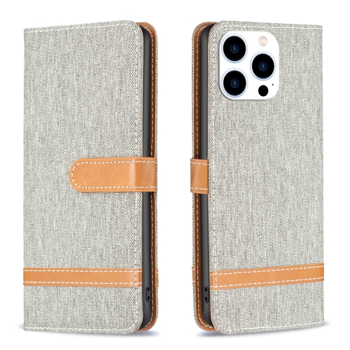 

For iPhone 15 Pro Color Block Denim Texture Leather Phone Case(Grey)