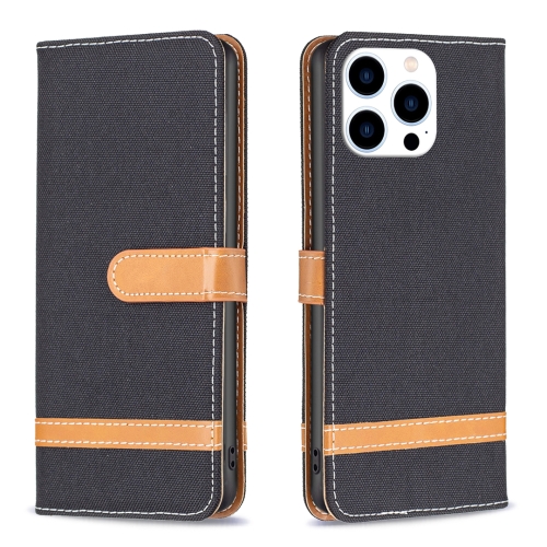 

For iPhone 15 Pro Color Block Denim Texture Leather Phone Case(Black)