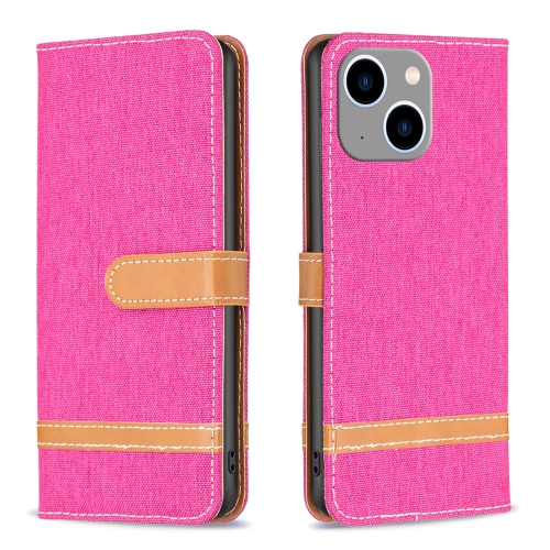 

For iPhone 15 Plus Color Block Denim Texture Leather Phone Case(Rose Red)