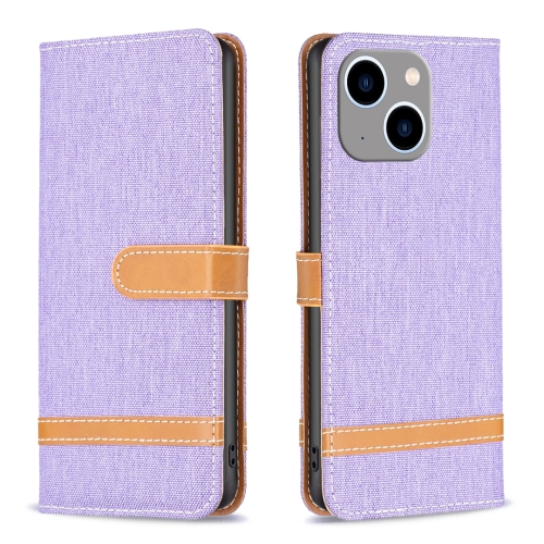 

For iPhone 15 Plus Color Block Denim Texture Leather Phone Case(Purple)