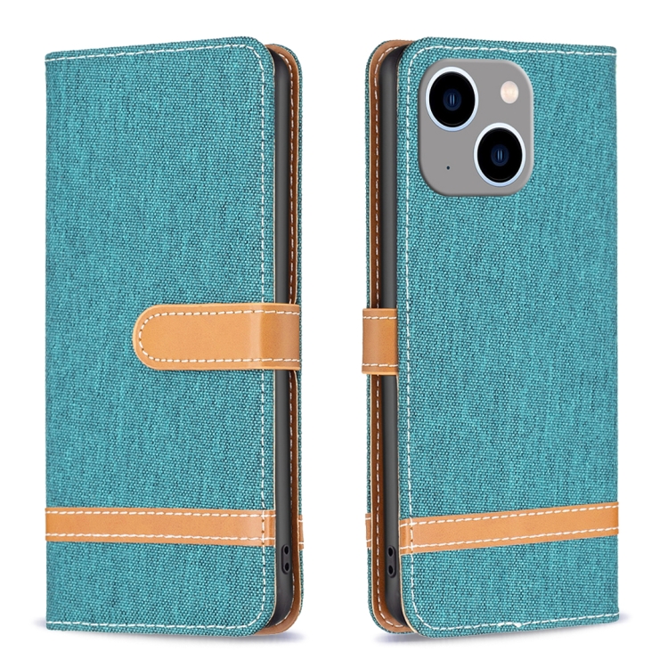 

For iPhone 15 Plus Color Block Denim Texture Leather Phone Case(Green)