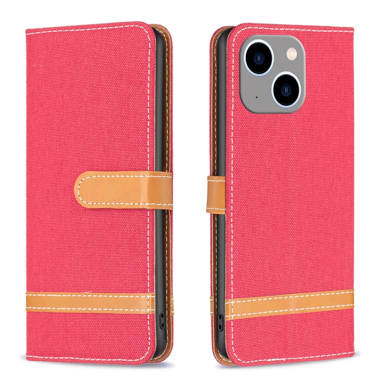 

For iPhone 15 Plus Color Block Denim Texture Leather Phone Case(Red)