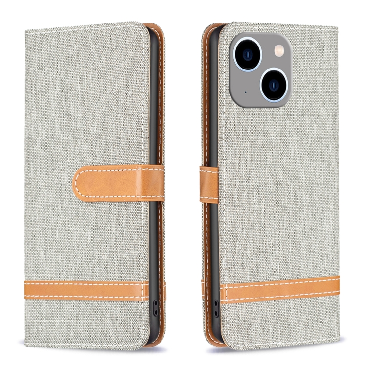 

For iPhone 15 Plus Color Block Denim Texture Leather Phone Case(Grey)