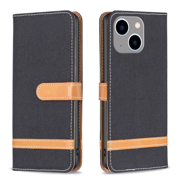 

For iPhone 15 Plus Color Block Denim Texture Leather Phone Case(Black)