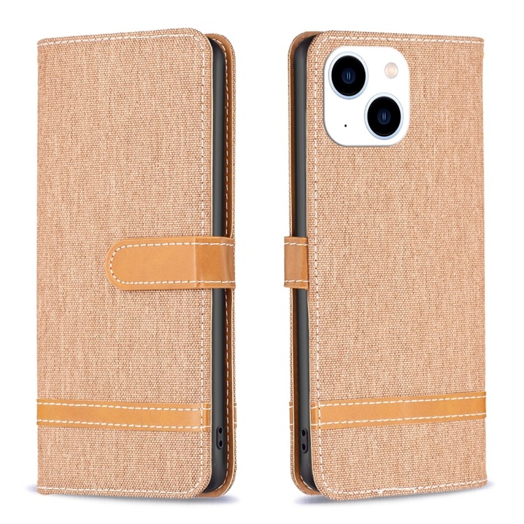 

For iPhone 15 Color Block Denim Texture Leather Phone Case(Brown)