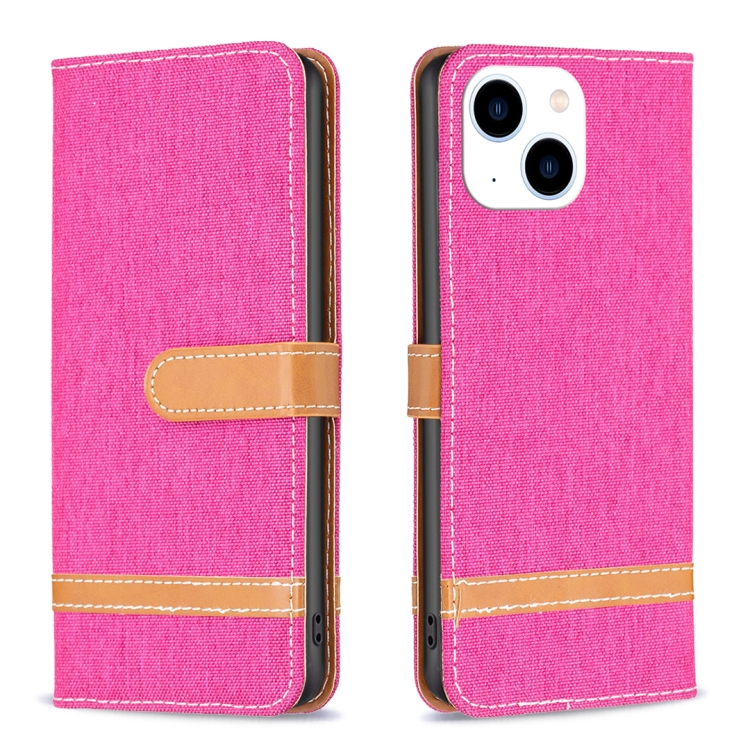 

For iPhone 15 Color Block Denim Texture Leather Phone Case(Rose Red)