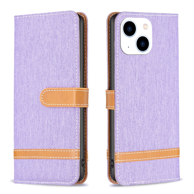 

For iPhone 15 Color Block Denim Texture Leather Phone Case(Purple)