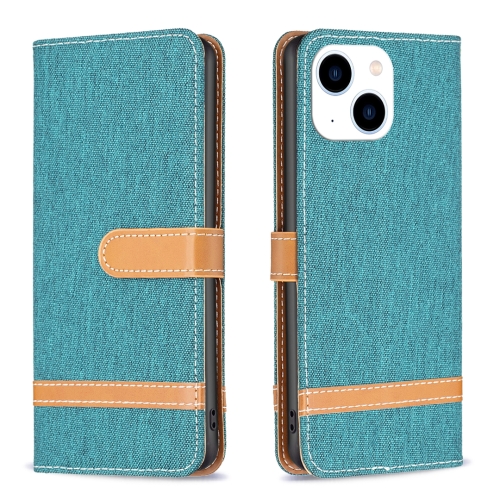 

For iPhone 15 Color Block Denim Texture Leather Phone Case(Green)