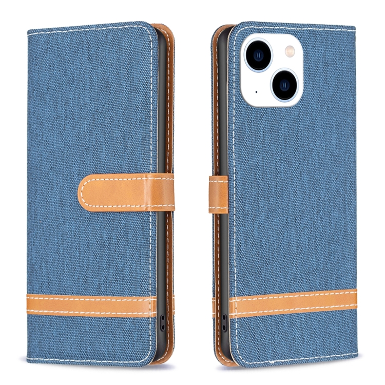

For iPhone 15 Color Block Denim Texture Leather Phone Case(Dark Blue)