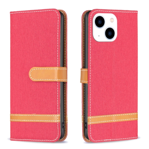 

For iPhone 15 Color Block Denim Texture Leather Phone Case(Red)