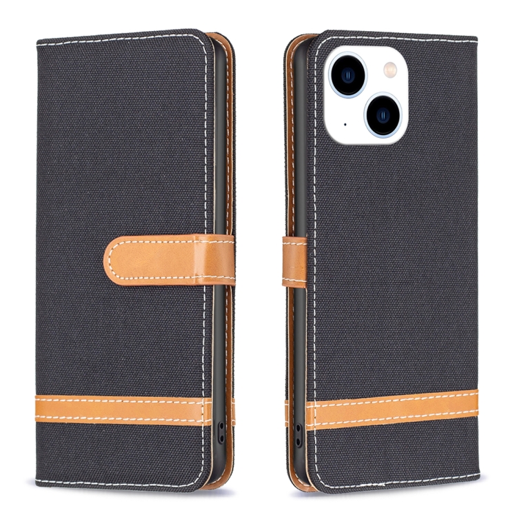 

For iPhone 15 Color Block Denim Texture Leather Phone Case(Black)
