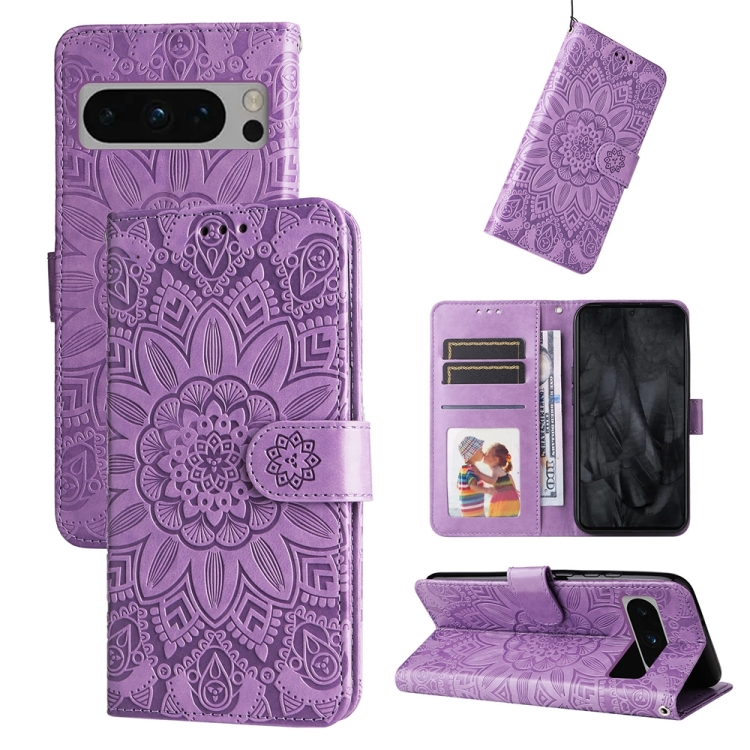

For Google Pixel 8 Pro Embossed Sunflower Leather Phone Case(Purple)