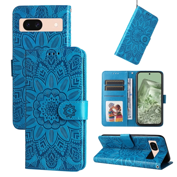 

For Google Pixel 8a Embossed Sunflower Leather Phone Case(Blue)