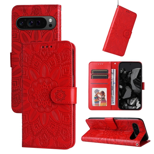 For Google Pixel 9 Pro Embossed Sunflower Leather Phone Case(Red) for google pixel 7 pro carbon fiber leather card magsafe phone case brown