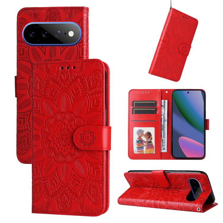 

For Google Pixel 11 Pro XL Embossed Sunflower Leather Phone Case(Red)