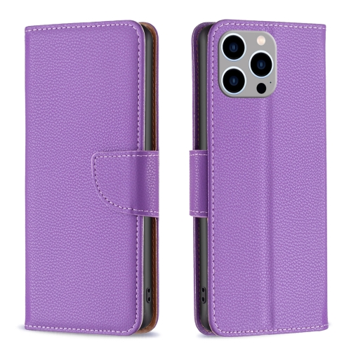 

For iPhone 15 Pro Max Litchi Texture Pure Color Flip Leather Phone Case(Purple)