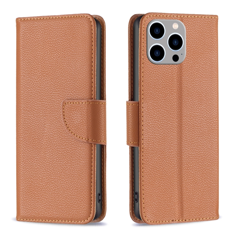 

For iPhone 15 Pro Max Litchi Texture Pure Color Flip Leather Phone Case(Brown)