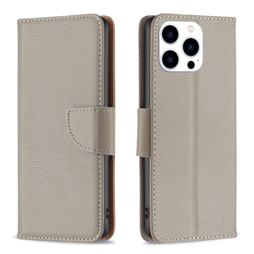 

For iPhone 15 Pro Litchi Texture Pure Color Flip Leather Phone Case(Grey)