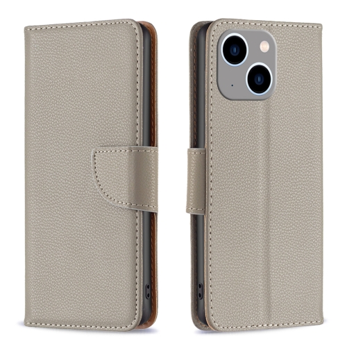 

For iPhone 15 Plus Litchi Texture Pure Color Flip Leather Phone Case(Grey)