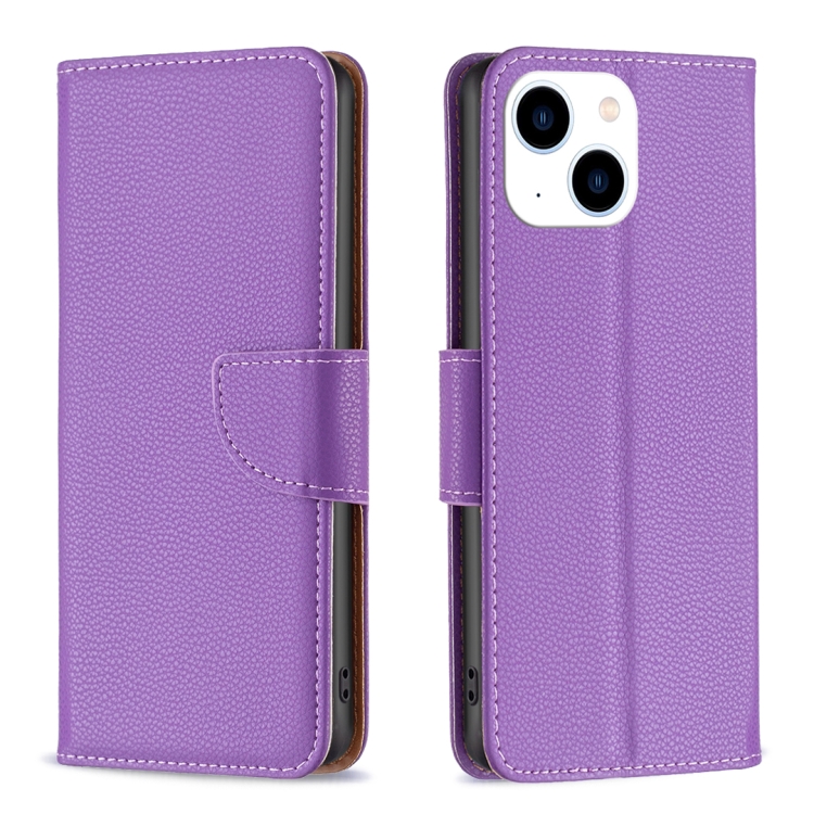

For iPhone 15 Litchi Texture Pure Color Flip Leather Phone Case(Purple)