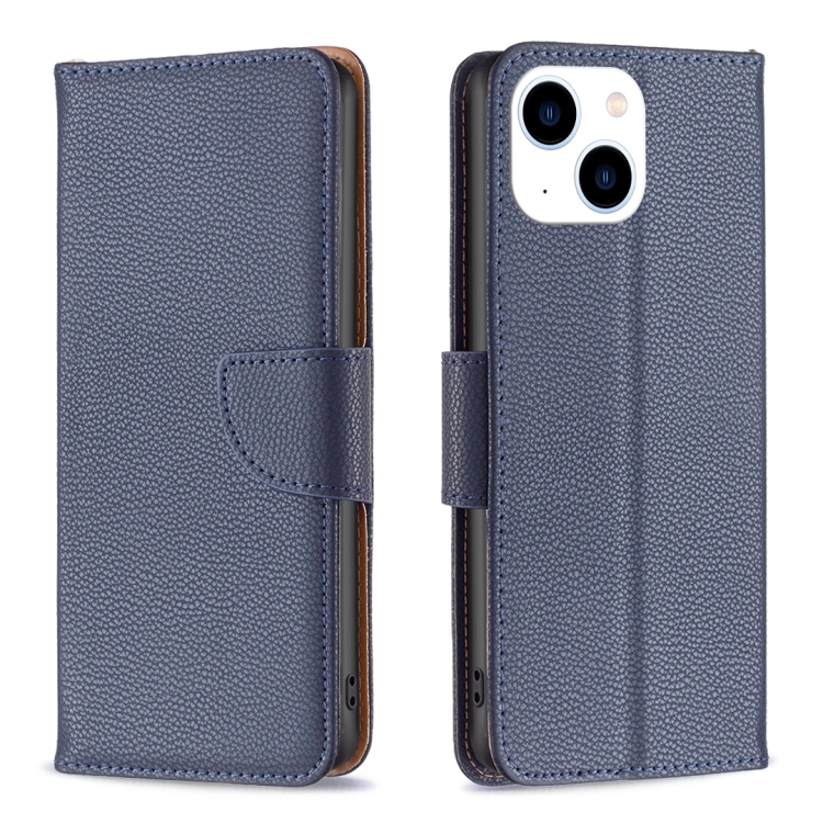 

For iPhone 15 Litchi Texture Pure Color Flip Leather Phone Case(Blue)