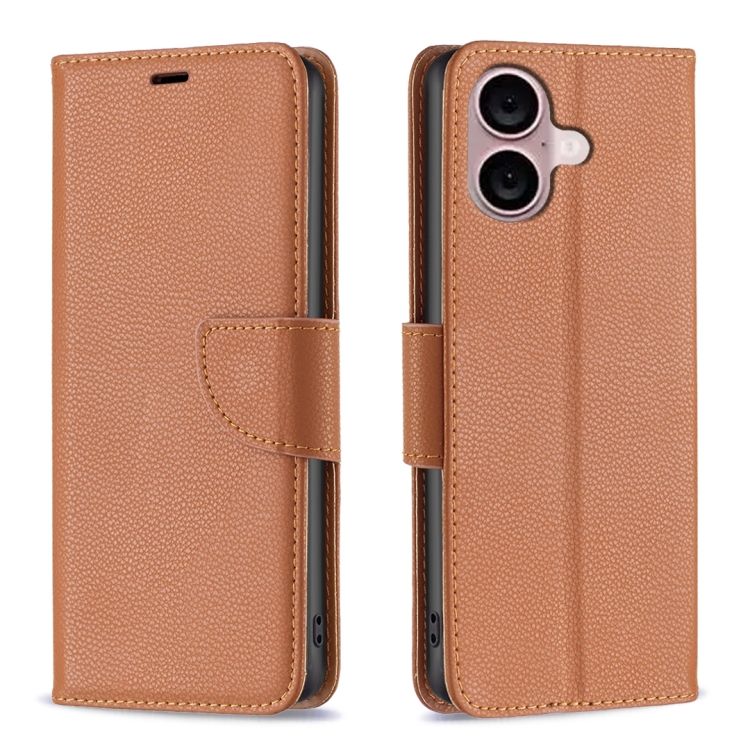 

For iPhone 16 Litchi Texture Pure Color Flip Leather Phone Case(Brown)