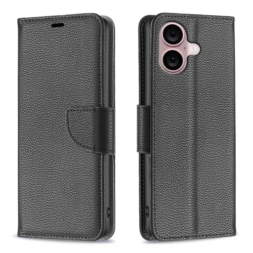 

For iPhone 16 Litchi Texture Pure Color Flip Leather Phone Case(Black)