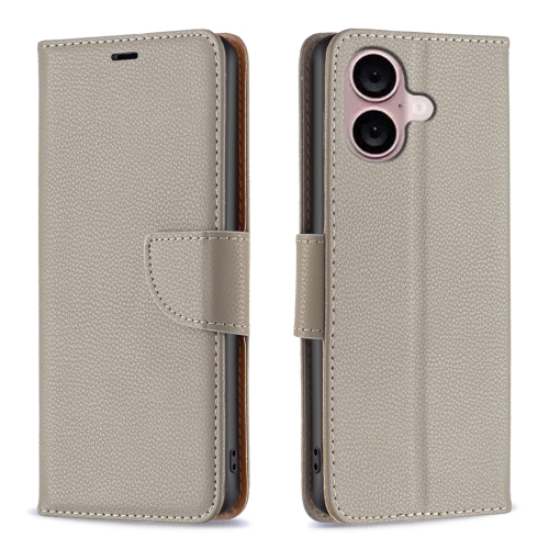 

For iPhone 16 Plus Litchi Texture Pure Color Flip Leather Phone Case(Grey)