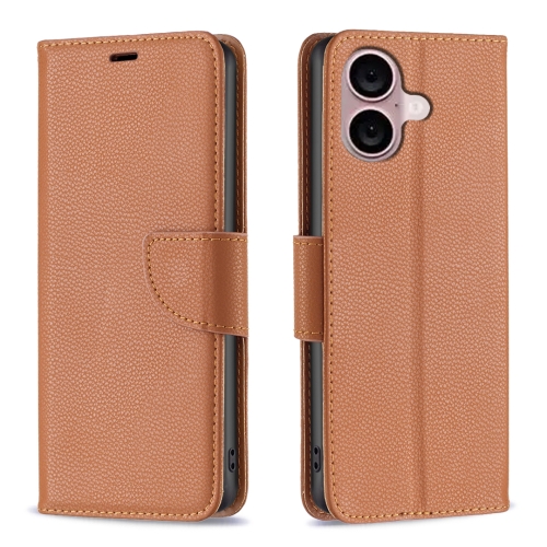 

For iPhone 16 Plus Litchi Texture Pure Color Flip Leather Phone Case(Brown)