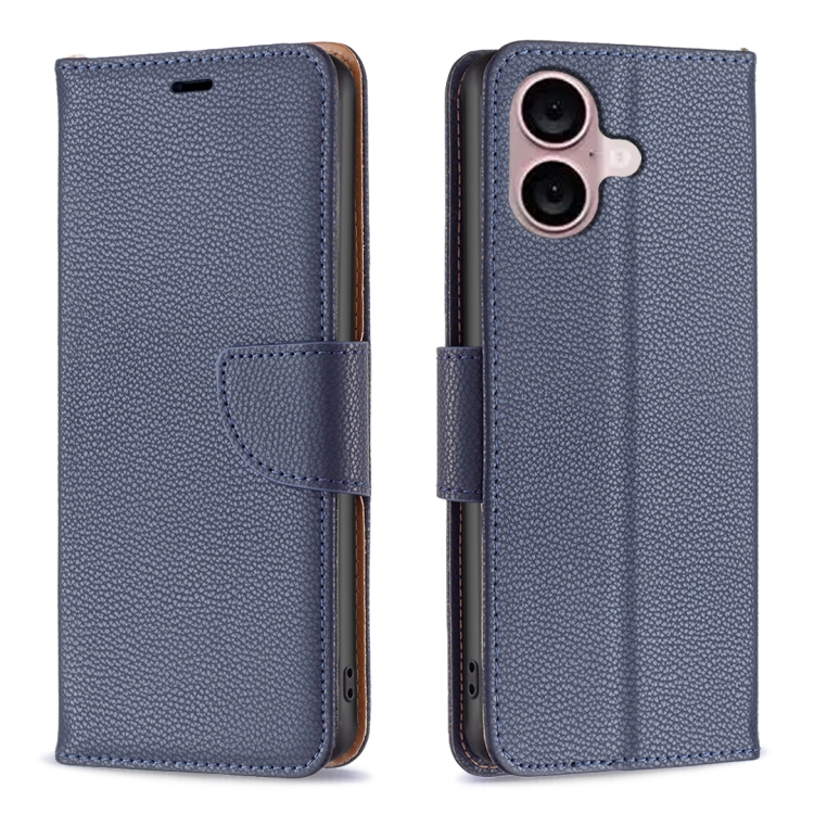 

For iPhone 16 Plus Litchi Texture Pure Color Flip Leather Phone Case(Blue)