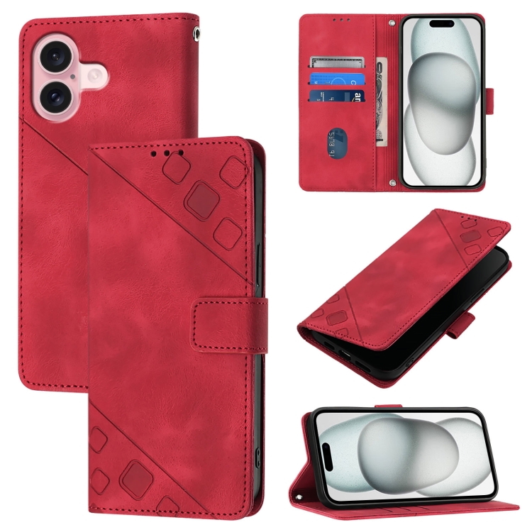 

For iPhone 16 Skin-feel Embossed Leather Phone Case(Red)