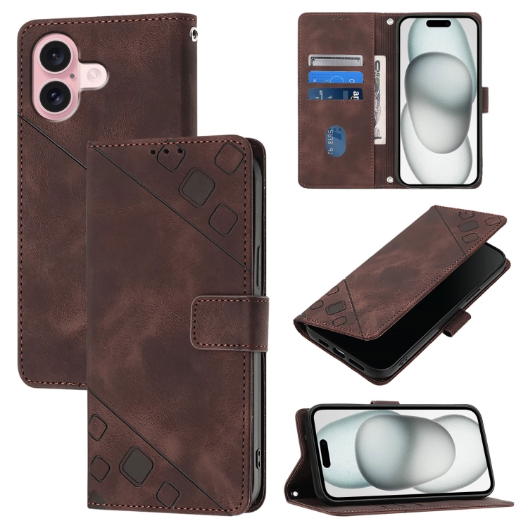 

For iPhone 16 Skin-feel Embossed Leather Phone Case(Brown)