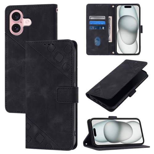 

For iPhone 16 Skin-feel Embossed Leather Phone Case(Black)
