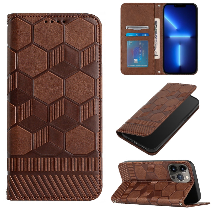 

For iPhone 15 Pro Football Texture Magnetic Leather Flip Phone Case(Brown)