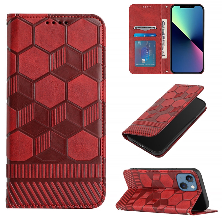 

For iPhone 15 Plus Football Texture Magnetic Leather Flip Phone Case(Red)